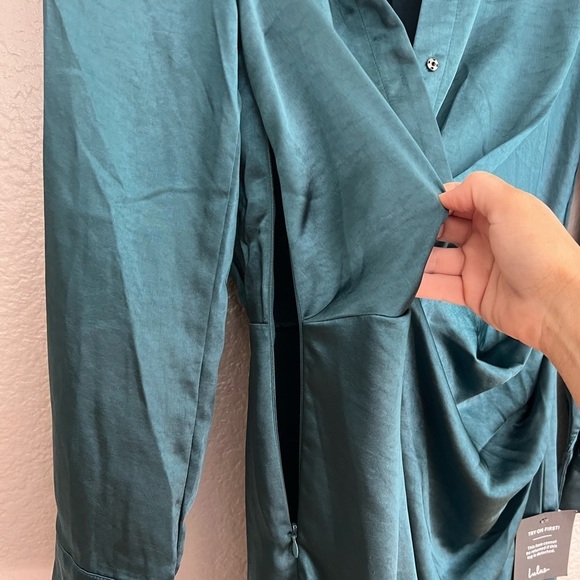 NWT Stylish Taste Dark Teal Satin Collared Long Sleeve Mini Dress - Picture 7 of 9